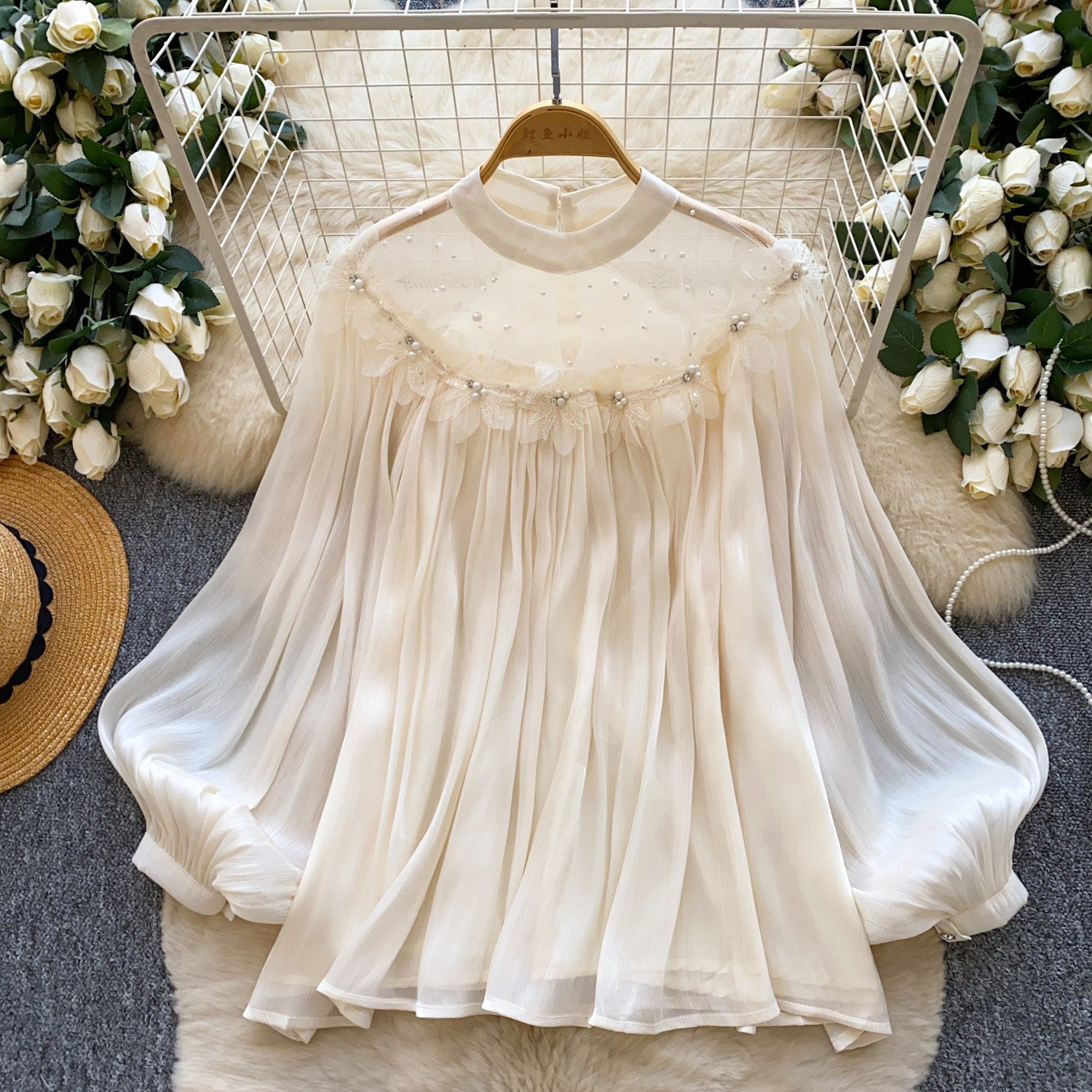 Fairy-style Puff-sleeve Mesh Long-sleeve Floral Blouse - Image 6