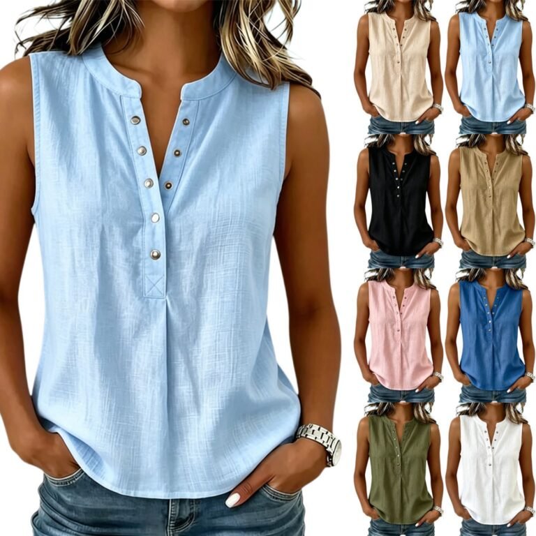 Womens Relaxed-fit Casual Sleeveless Crew-neck Top With Buttons