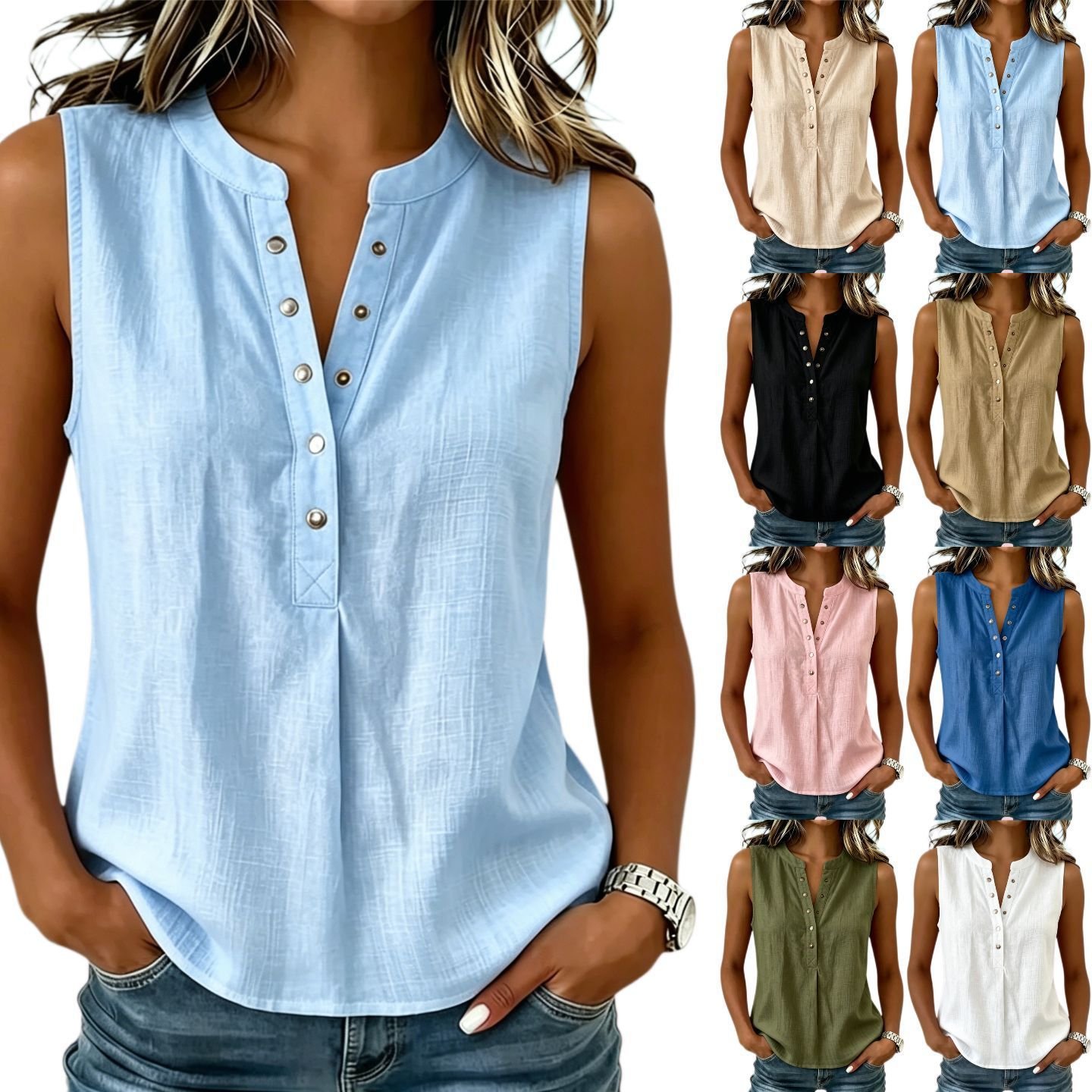 Womens Relaxed-fit Casual Sleeveless Crew-neck Top With Buttons