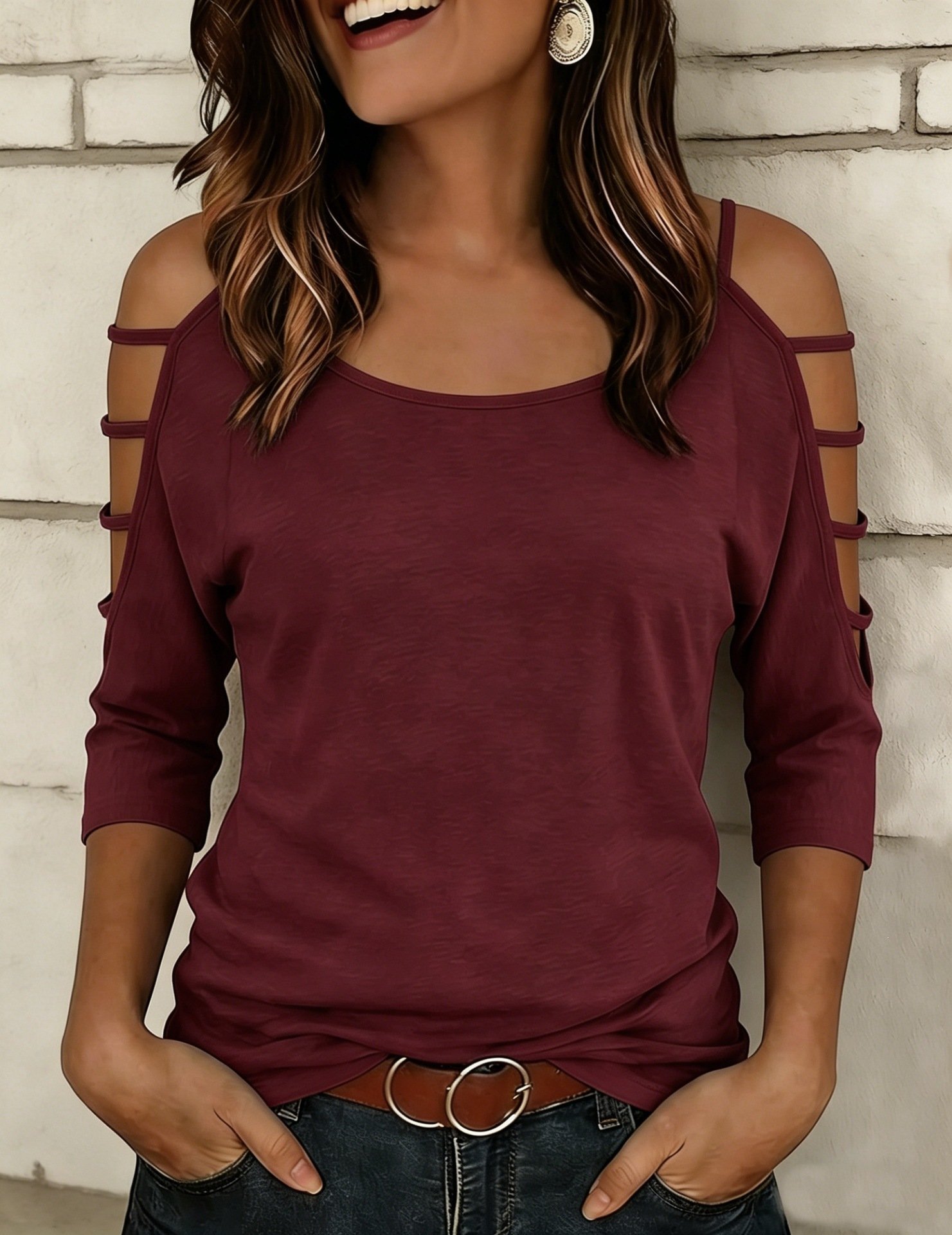 Womens Off-shoulder T-shirt With Five-quarter Sleeves - Image 7