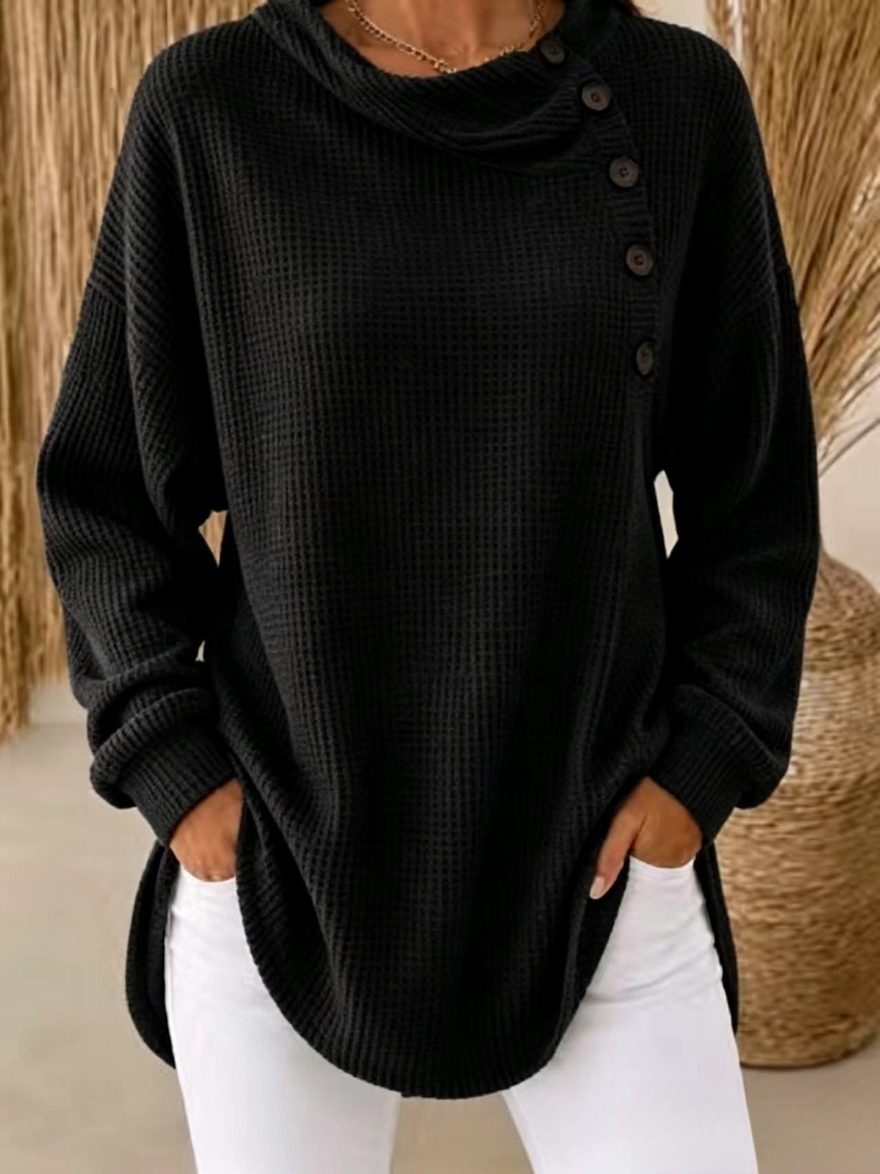 Womens Solid-Color Waffle-Weave Long-Sleeve Button-Up Casual Shirt Comfortable Top - Image 9