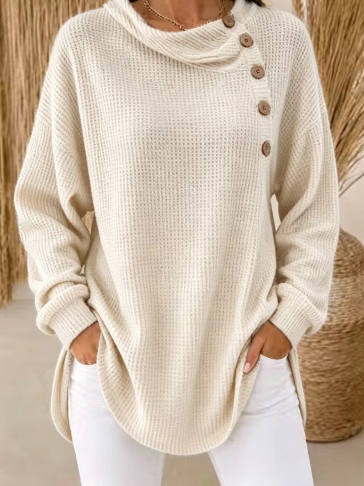 Womens Solid-Color Waffle-Weave Long-Sleeve Button-Up Casual Shirt Comfortable Top - Image 7