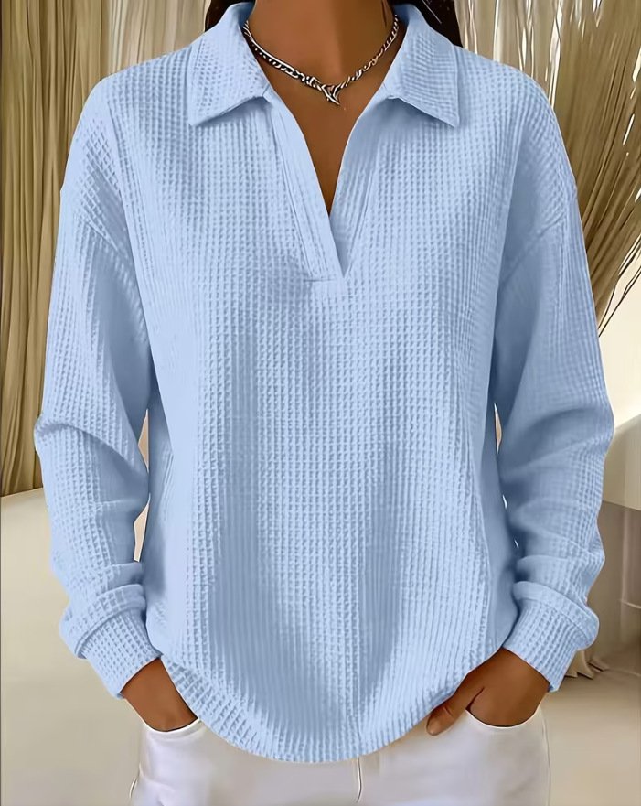 V-neck Waffle-knit Long-sleeve Loose-fit Plus-size Womens Top - Image 6