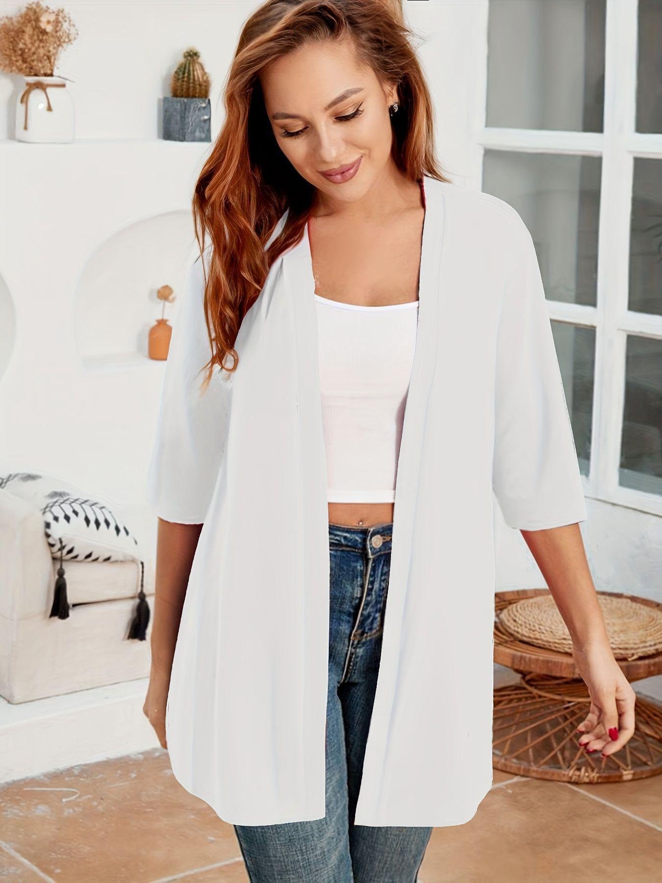 Womens Mid-Length Lightly Stretchy Cardigan With Short Sleeves - Image 5
