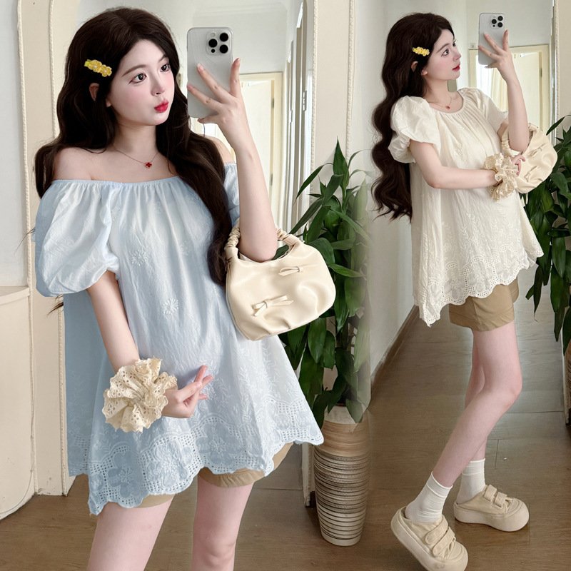 Womens Korean-style Off-shoulder Embroidered Trim Top - Image 4