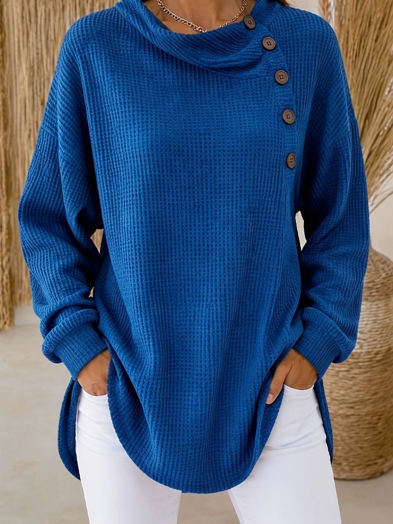 Womens Solid-Color Waffle-Weave Long-Sleeve Button-Up Casual Shirt Comfortable Top - Image 10