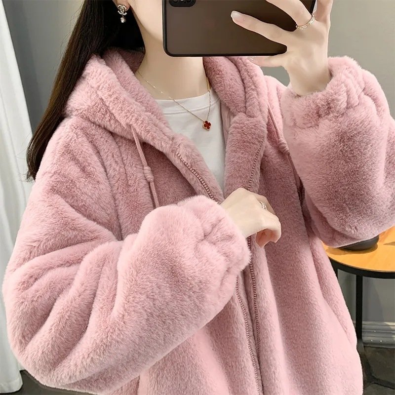 Womens Solid-Color Plush Winter Coat With Hood - Image 2