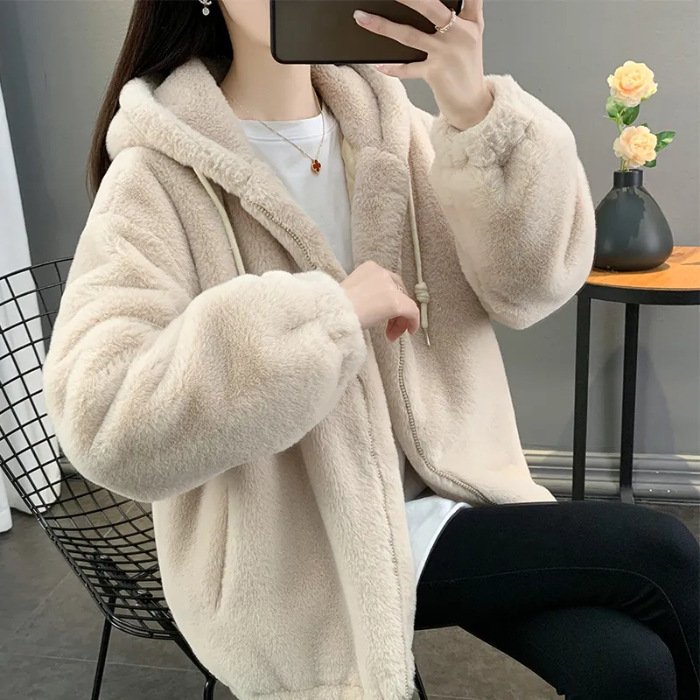 Womens Solid-Color Plush Winter Coat With Hood - Image 7