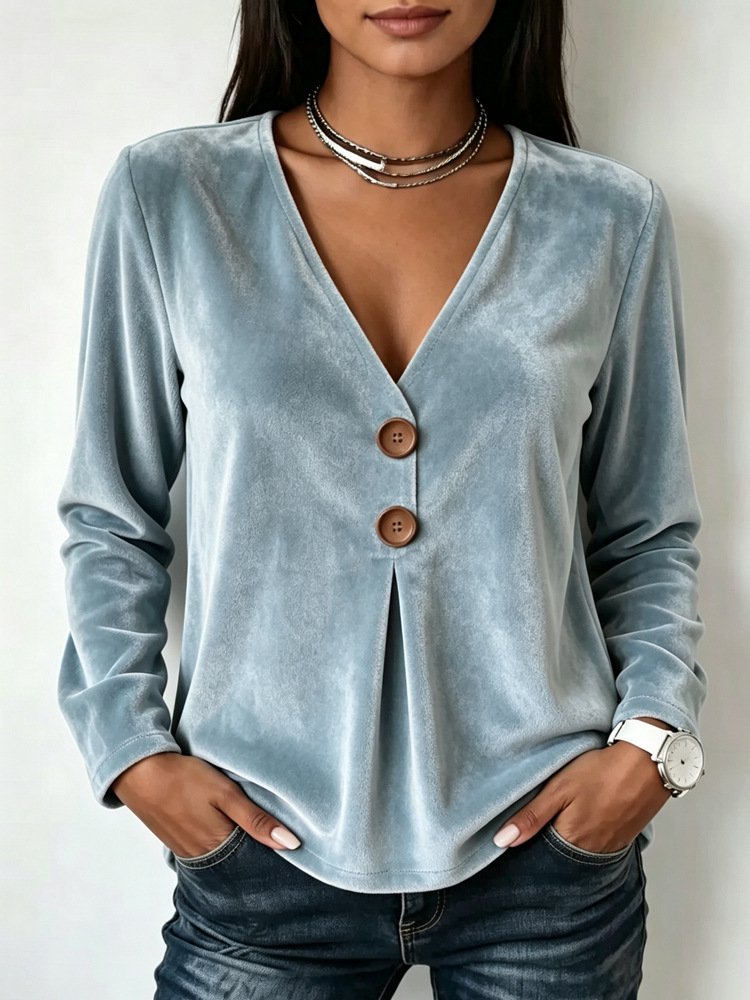 V-neck Velvet Solid-color Long-sleeve Womens T-shirt - Image 6