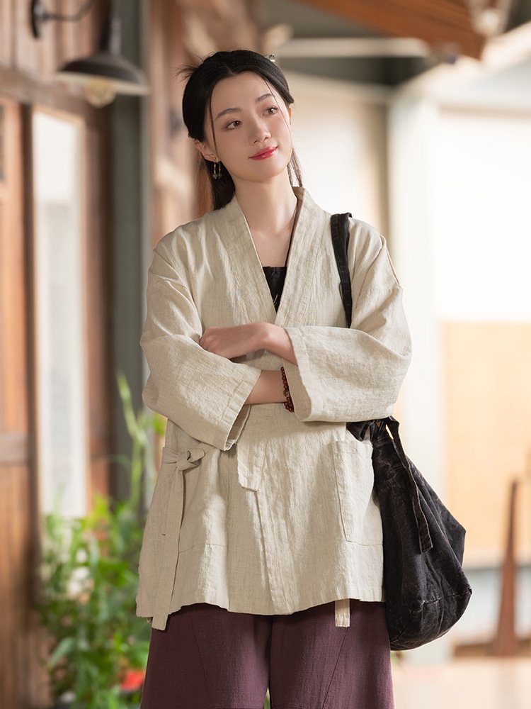 Vintage Mandarin-collar Cross-front Top Womens Cardigan-style Jacket - Image 5