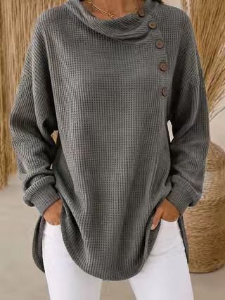 Womens Solid-Color Waffle-Weave Long-Sleeve Button-Up Casual Shirt Comfortable Top - Image 6