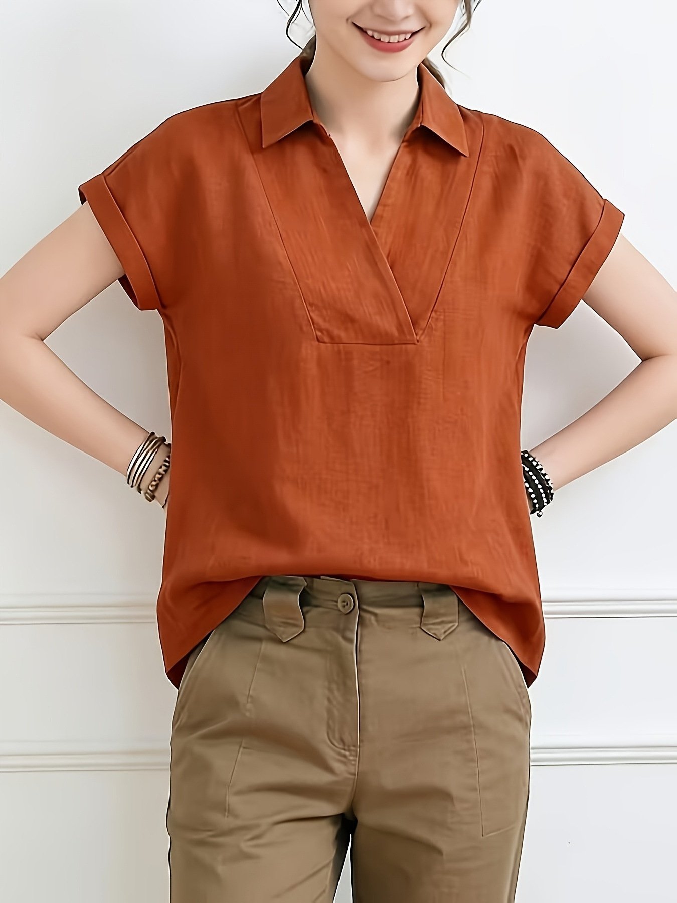 Womens Solid-color Loose-fit Casual Short-sleeve Lapel Top - Image 4