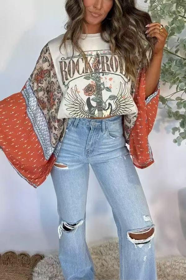 Womens Versatile Batwing-sleeve Top With A Printed Round Neck - Image 9