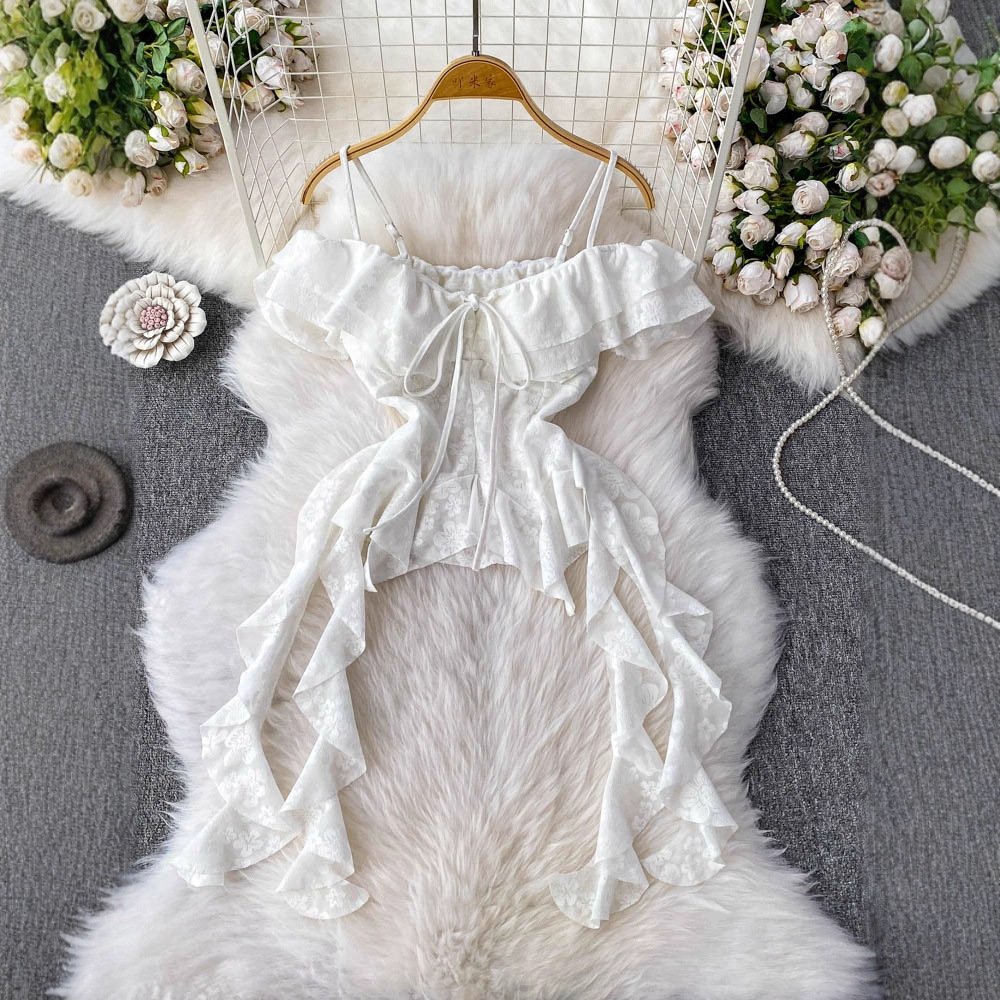 French-style Elegant Off-shoulder Camisole With Ruffled Trim - Image 3