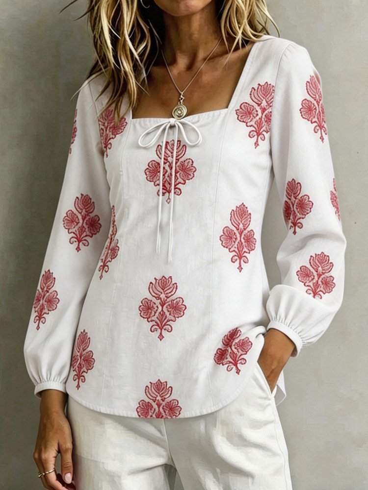 Womens Casual Long-sleeve Square-neck Top With A Standard Digital Print - Image 6