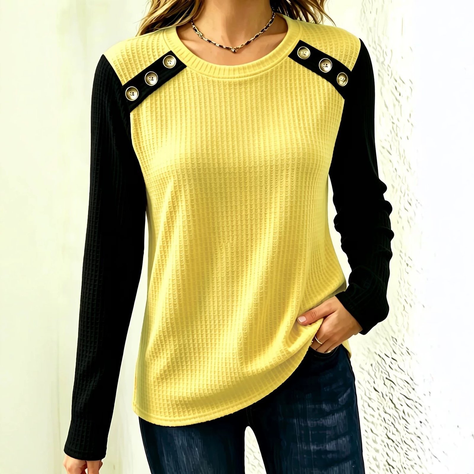 FallWinter Crew-neck Patchwork Waffle-knit Long-sleeve Top - Image 4