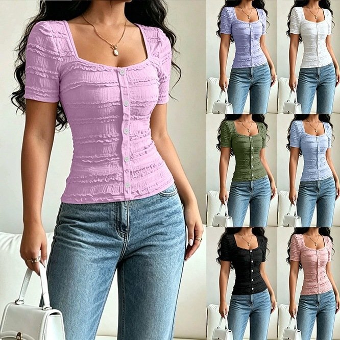 53d2f482-ce8e-4d20-85c6-7c5744ce7591.jpg Casual Solid-color Buttoned Square-neck Short-sleeve T-shirt