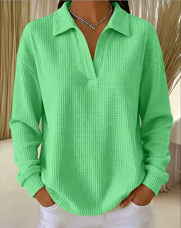 V-neck Waffle-knit Long-sleeve Loose-fit Plus-size Womens Top - Image 7