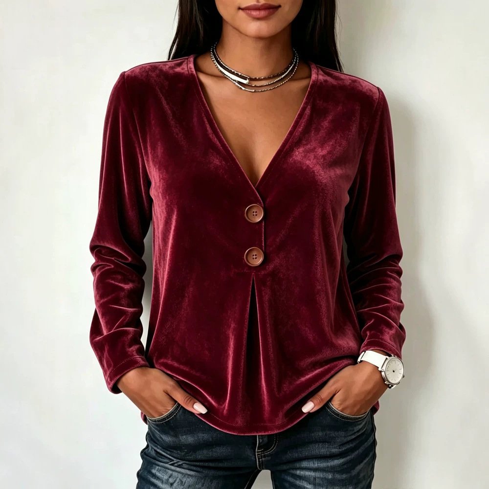 V-neck Velvet Solid-color Long-sleeve Womens T-shirt - Image 4