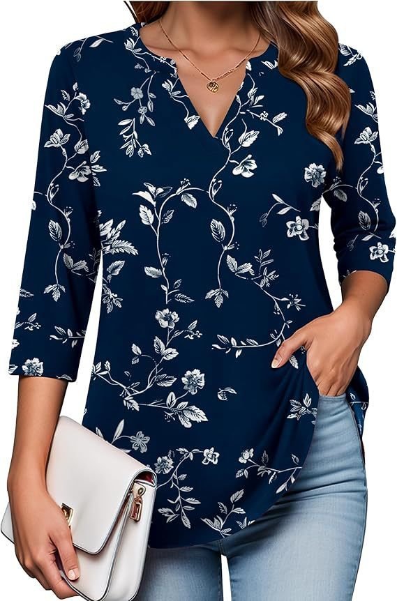 Womens Digital-Print Mid-Sleeve V-Neck Top - Image 7