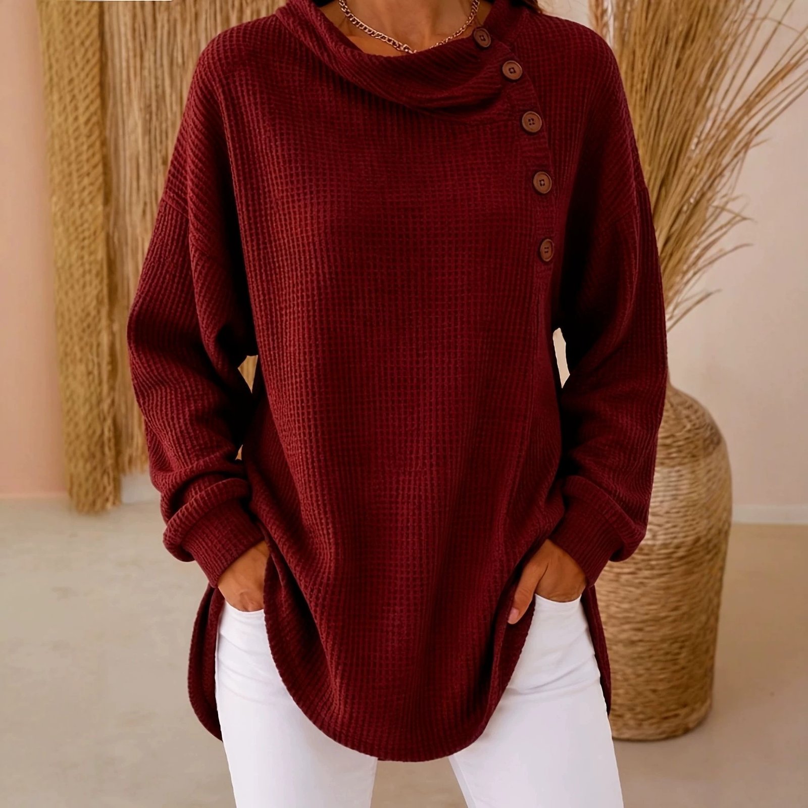 Womens Solid-Color Waffle-Weave Long-Sleeve Button-Up Casual Shirt Comfortable Top - Image 4