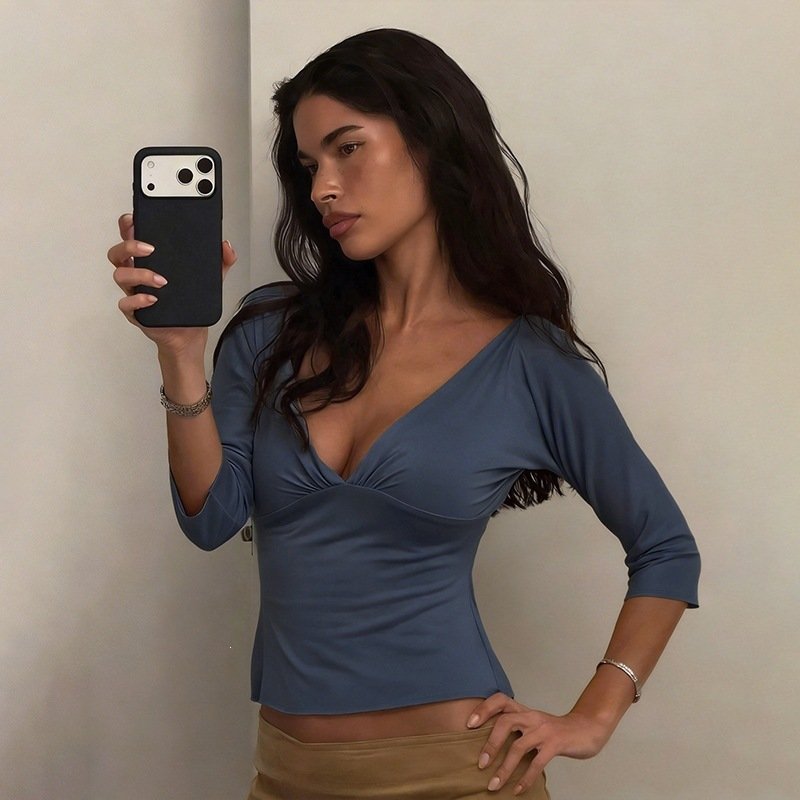 Three-quarter-sleeve Solid-color Waist-cinching Slimming Top - Image 2