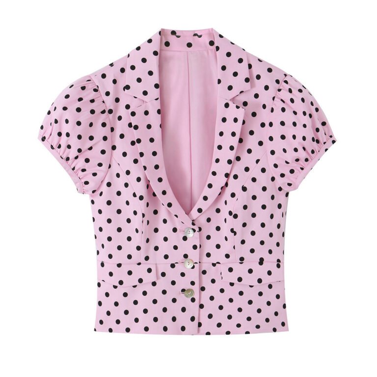 Womens Summer New Arrival French-Style Single-Breasted Short-Sleeve V-Neck Polka-Dot Print Top