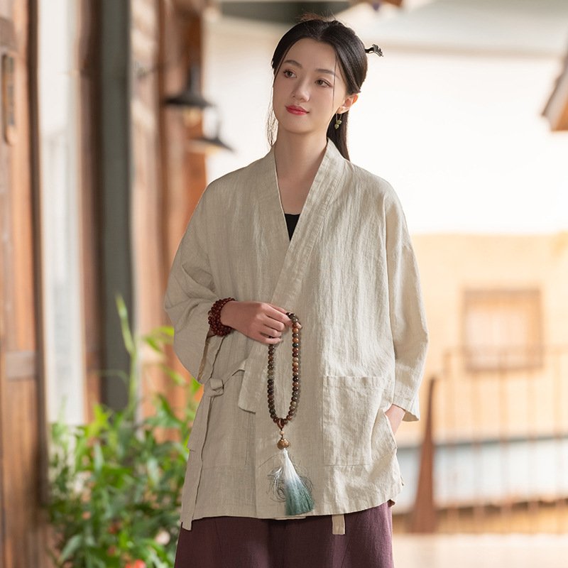 Vintage Mandarin-collar Cross-front Top Womens Cardigan-style Jacket - Image 6
