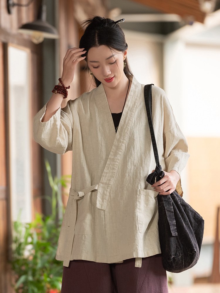 Vintage Mandarin-collar Cross-front Top Womens Cardigan-style Jacket - Image 4