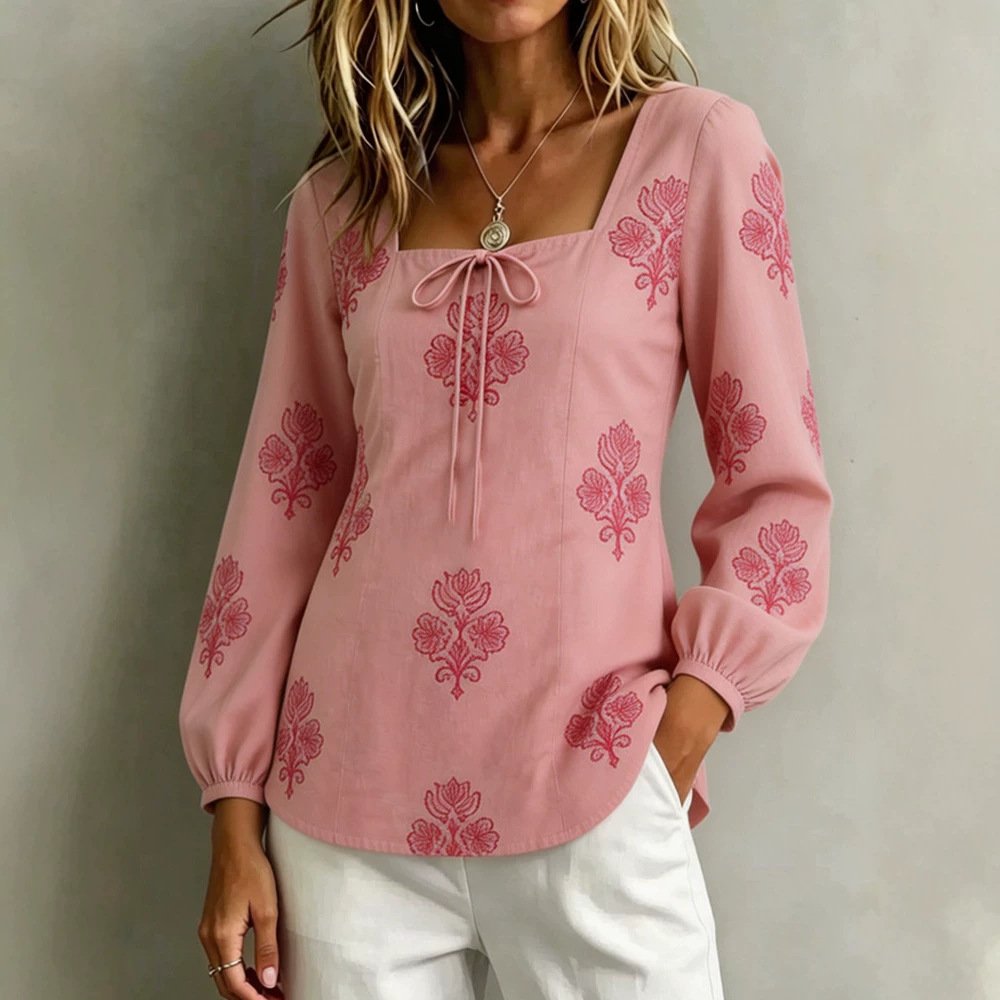 Womens Casual Long-sleeve Square-neck Top With A Standard Digital Print - Image 3