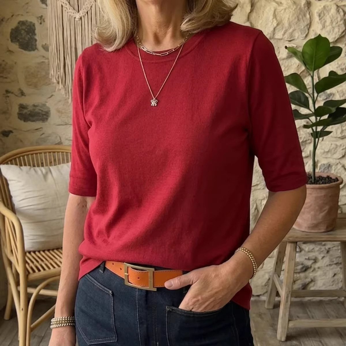 Comfortable All-Match T-Shirt Casual Crew-Neck Regular Shoulder Half-Sleeve Top For Both Outerwear And Layering - Image 3