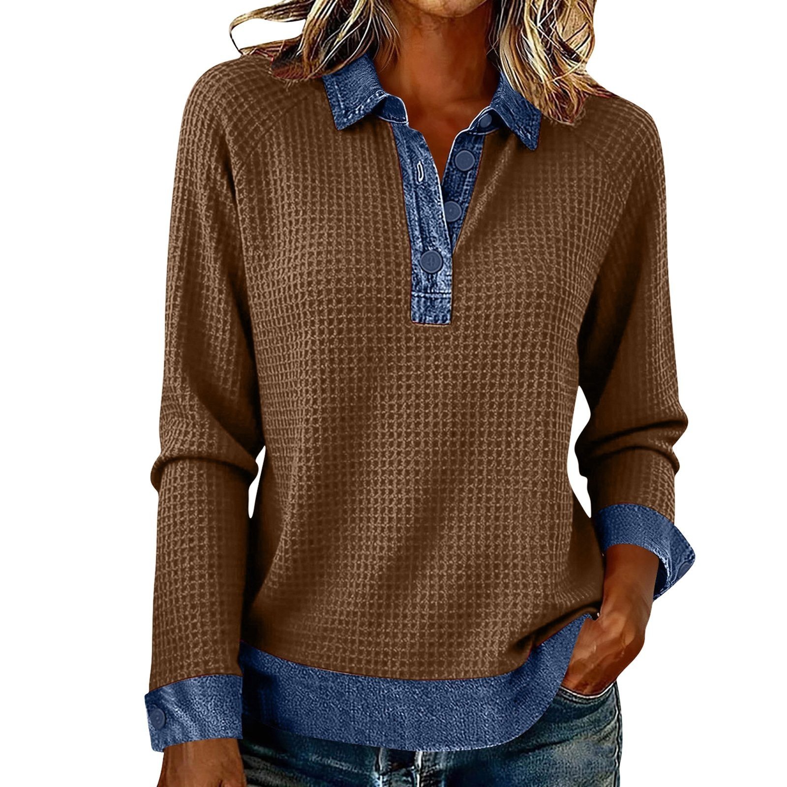 Womens Spliced Knit Blouse Top Elegant - Image 7