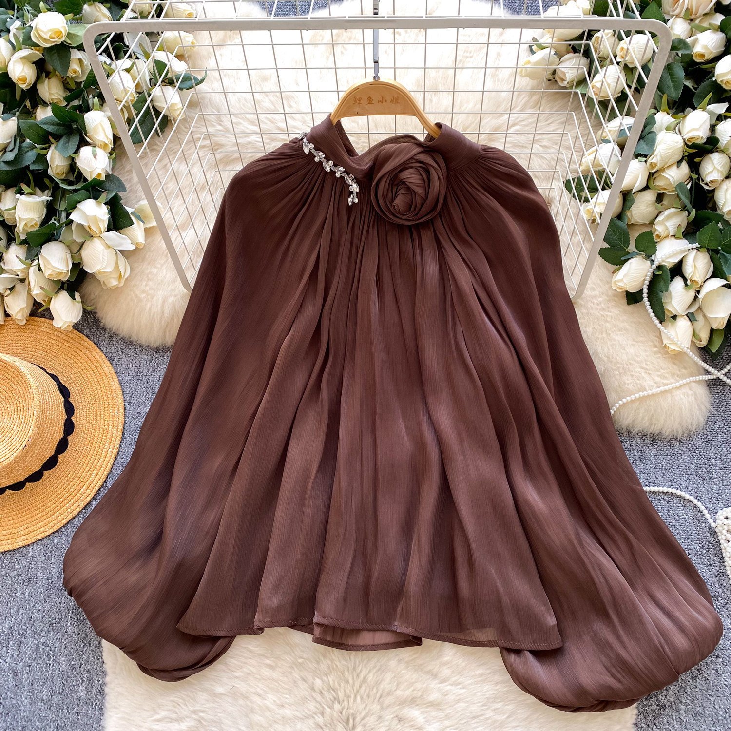 Gentle-style Red Satin Pleated Shirt With Bell Sleeves - Image 3