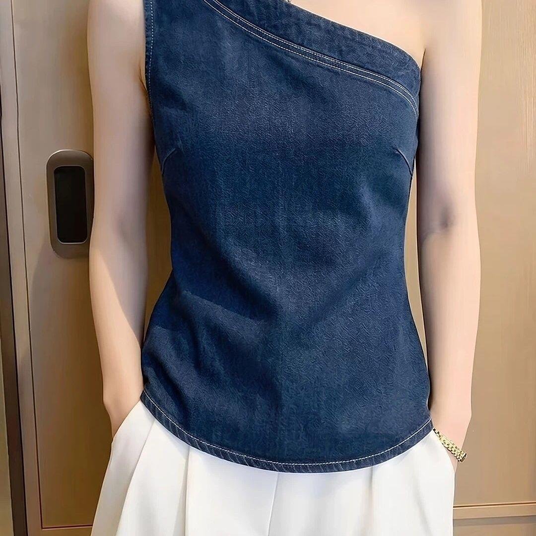 Light-luxury Sleeveless Blue Slim-fit Denim Top New Style - Image 3