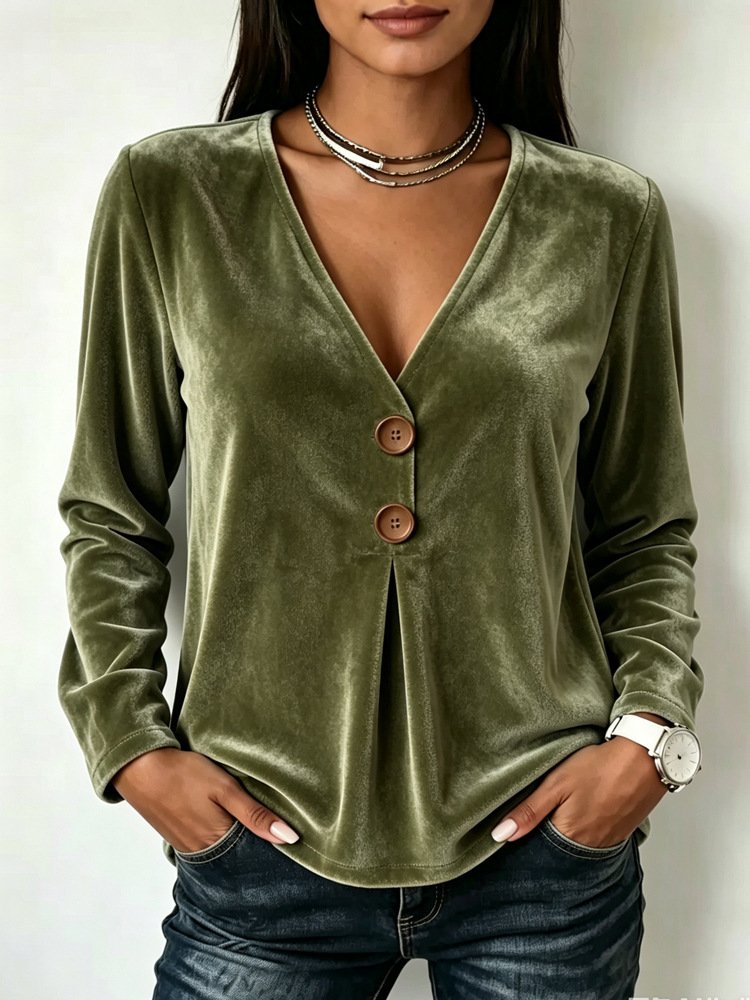 V-neck Velvet Solid-color Long-sleeve Womens T-shirt - Image 7