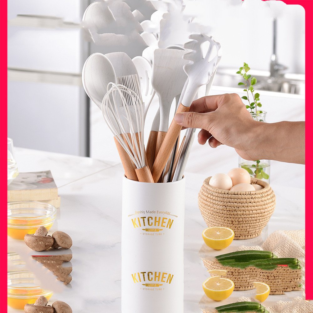 Marbled White Wooden Handle Silicone Kitchenware Set - Image 6