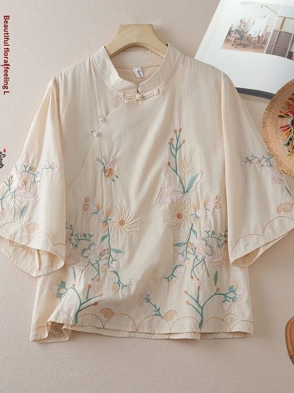 Chinese-style Embroidered Ramie Shirt For Women Spring Season With A Slanted Placket - Image 6
