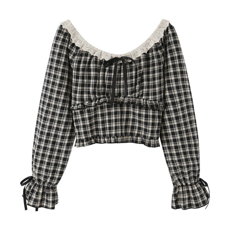 Retro Plaid Lace Square-Neck Short Top