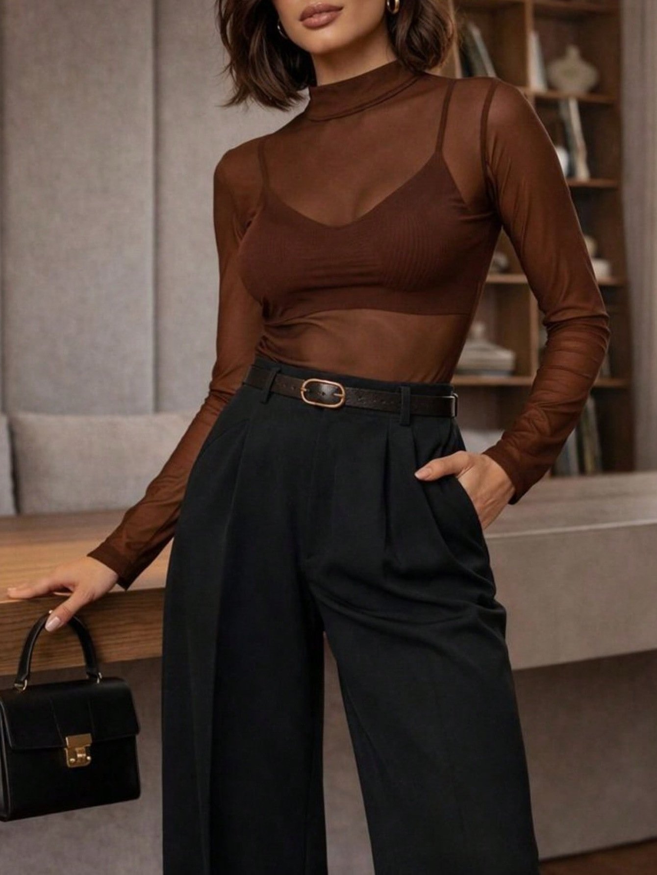 Womens Solid-color Mock-neck Sheer Mesh Bottoming Top - Image 3