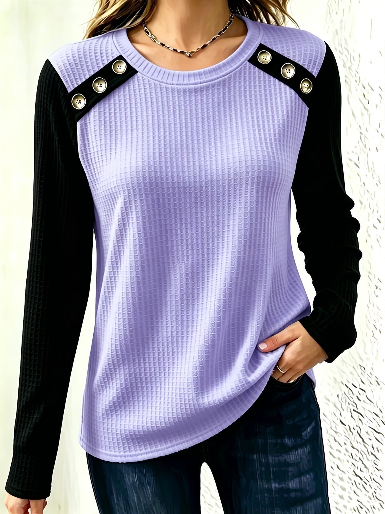 FallWinter Crew-neck Patchwork Waffle-knit Long-sleeve Top - Image 6