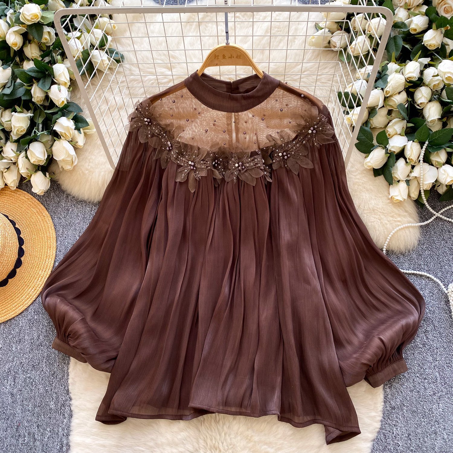 Fairy-style Puff-sleeve Mesh Long-sleeve Floral Blouse - Image 4