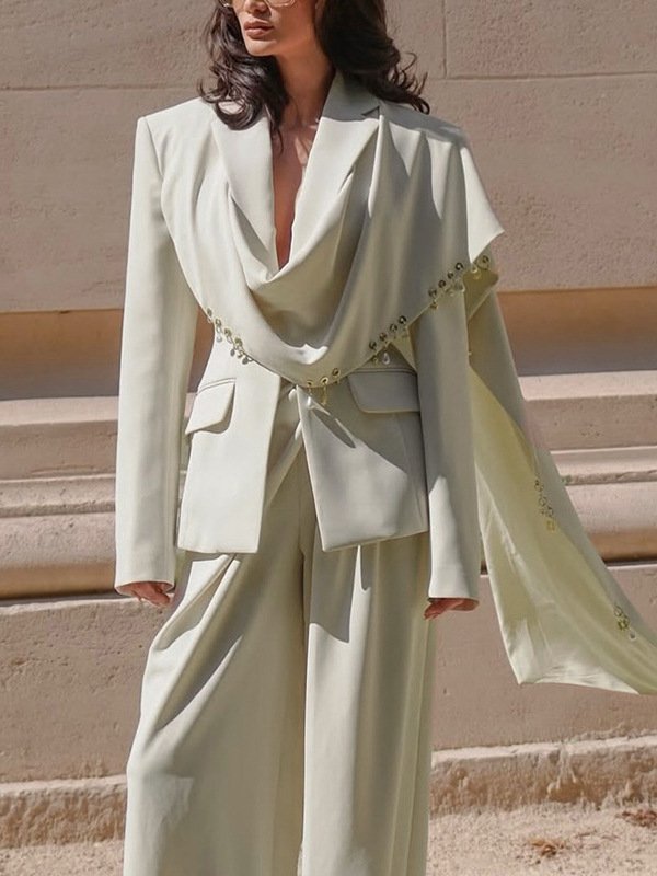 Waterfall Draped Pearl Crystal Bead Trim Asymmetrical Tailored Blazer - Image 3