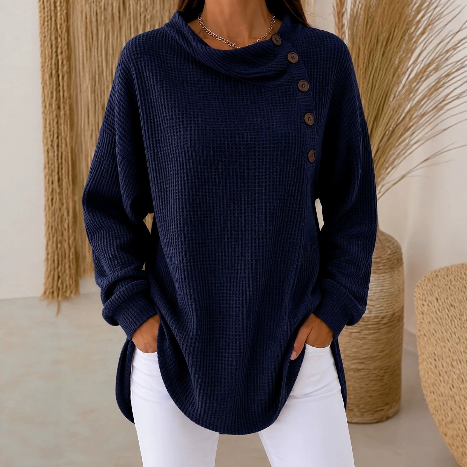Womens Solid-Color Waffle-Weave Long-Sleeve Button-Up Casual Shirt Comfortable Top - Image 3