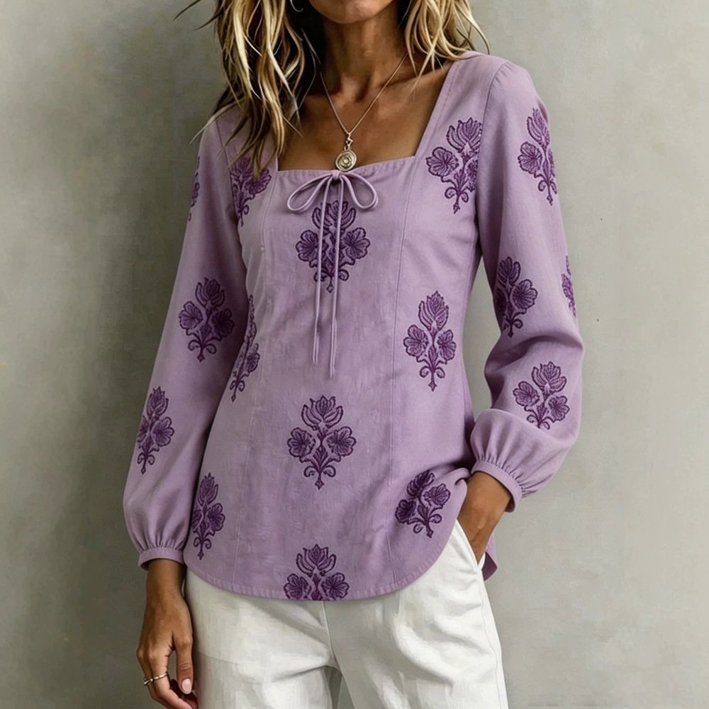 Womens Casual Long-sleeve Square-neck Top With A Standard Digital Print - Image 4