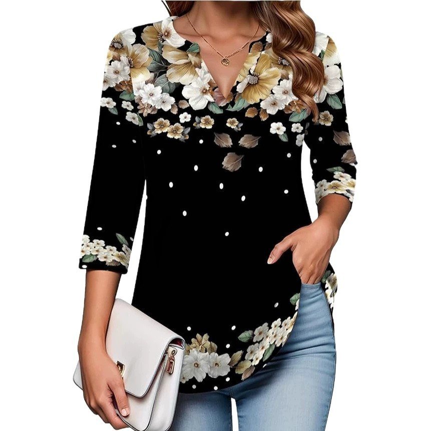 Womens Digital-Print Mid-Sleeve V-Neck Top - Image 5