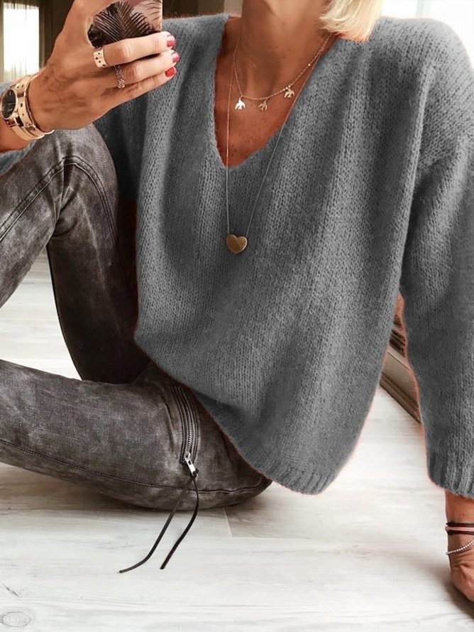 Womens Relaxed-fit Casual V-neck Drop-shoulder Sweater - Image 6