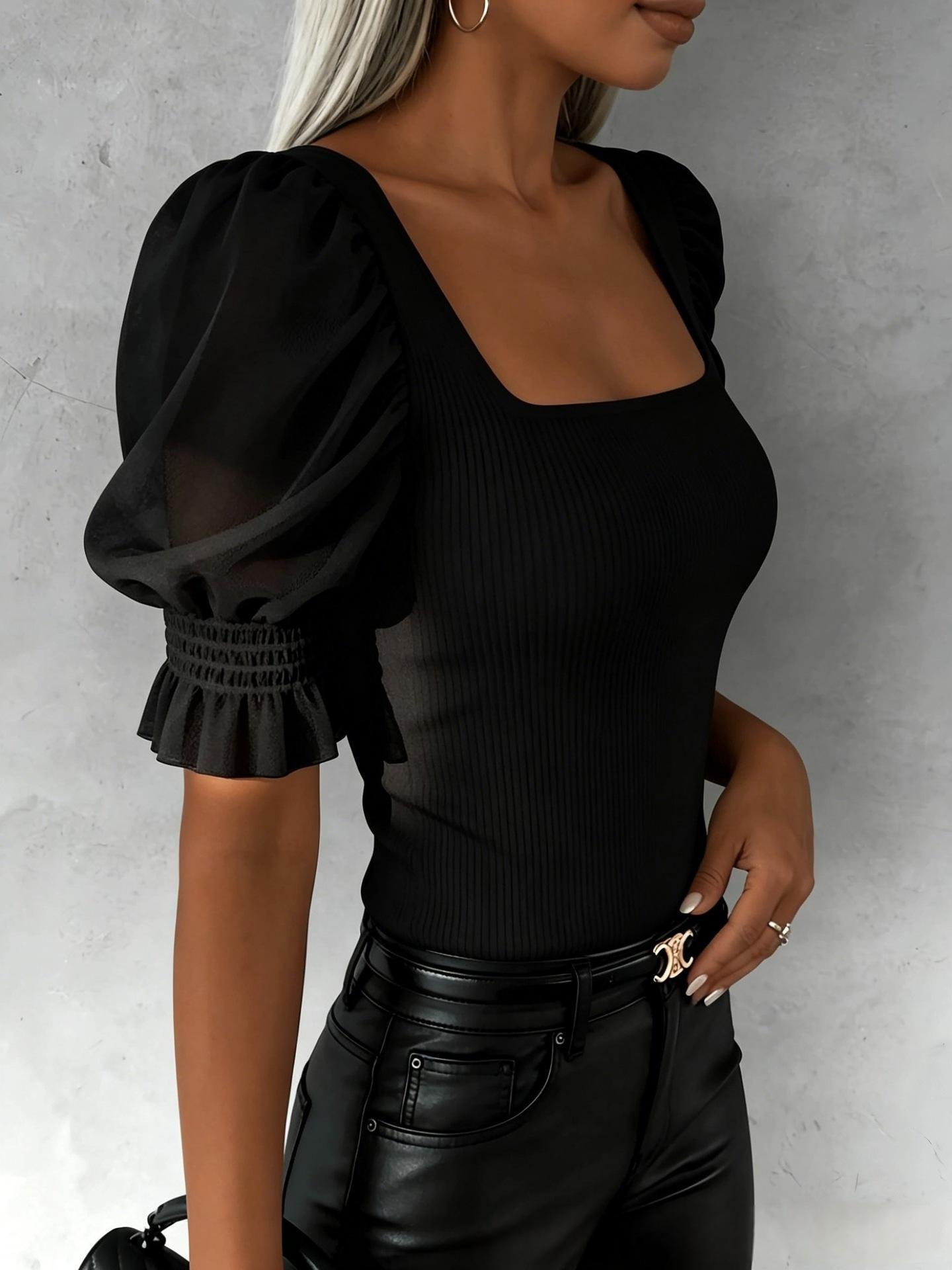 Square-neck Mesh-panel Puff-sleeve Top - Image 7