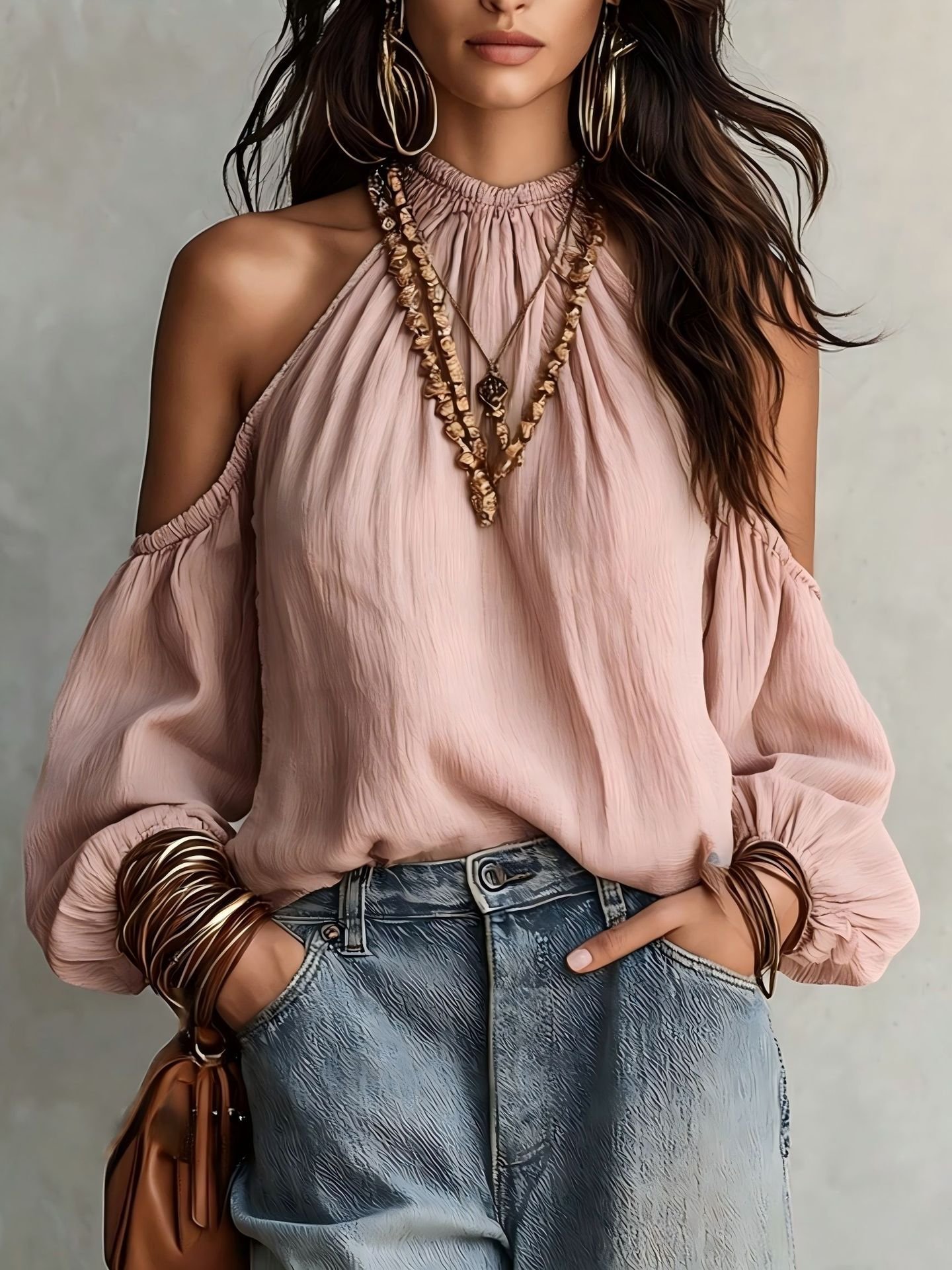 Off-shoulder Bubble-cuffed Lantern-sleeve Blouse - Image 8