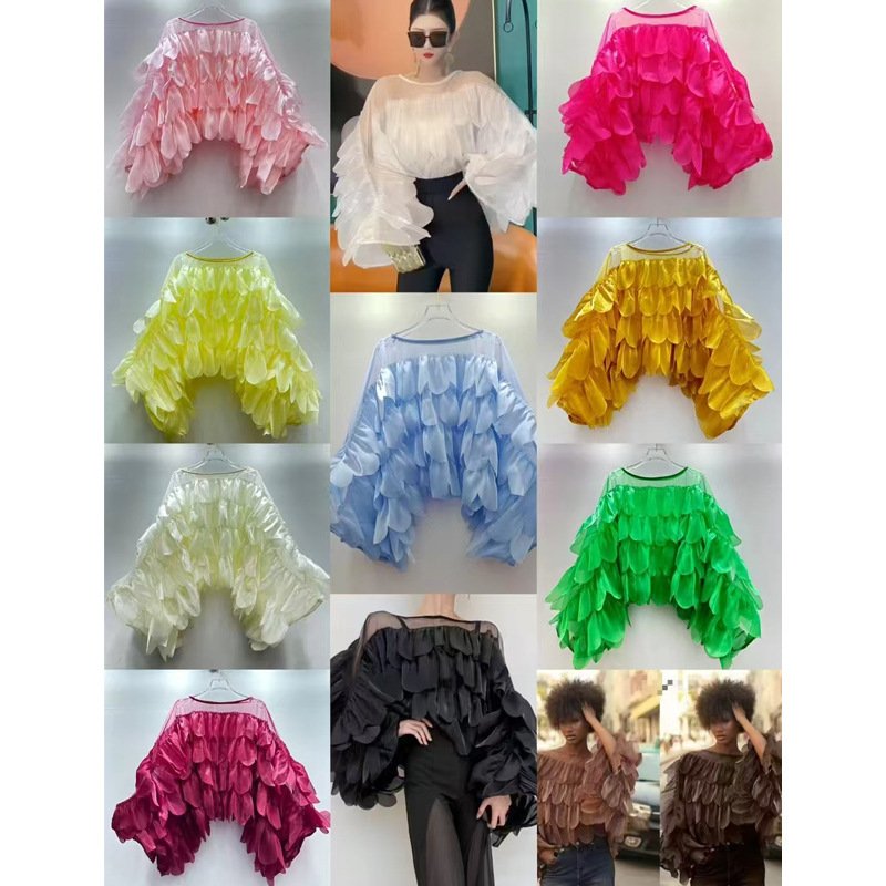 Chic Batwing-sleeve Blouse With Irregularly Shaped Ruffled Trim - Image 4