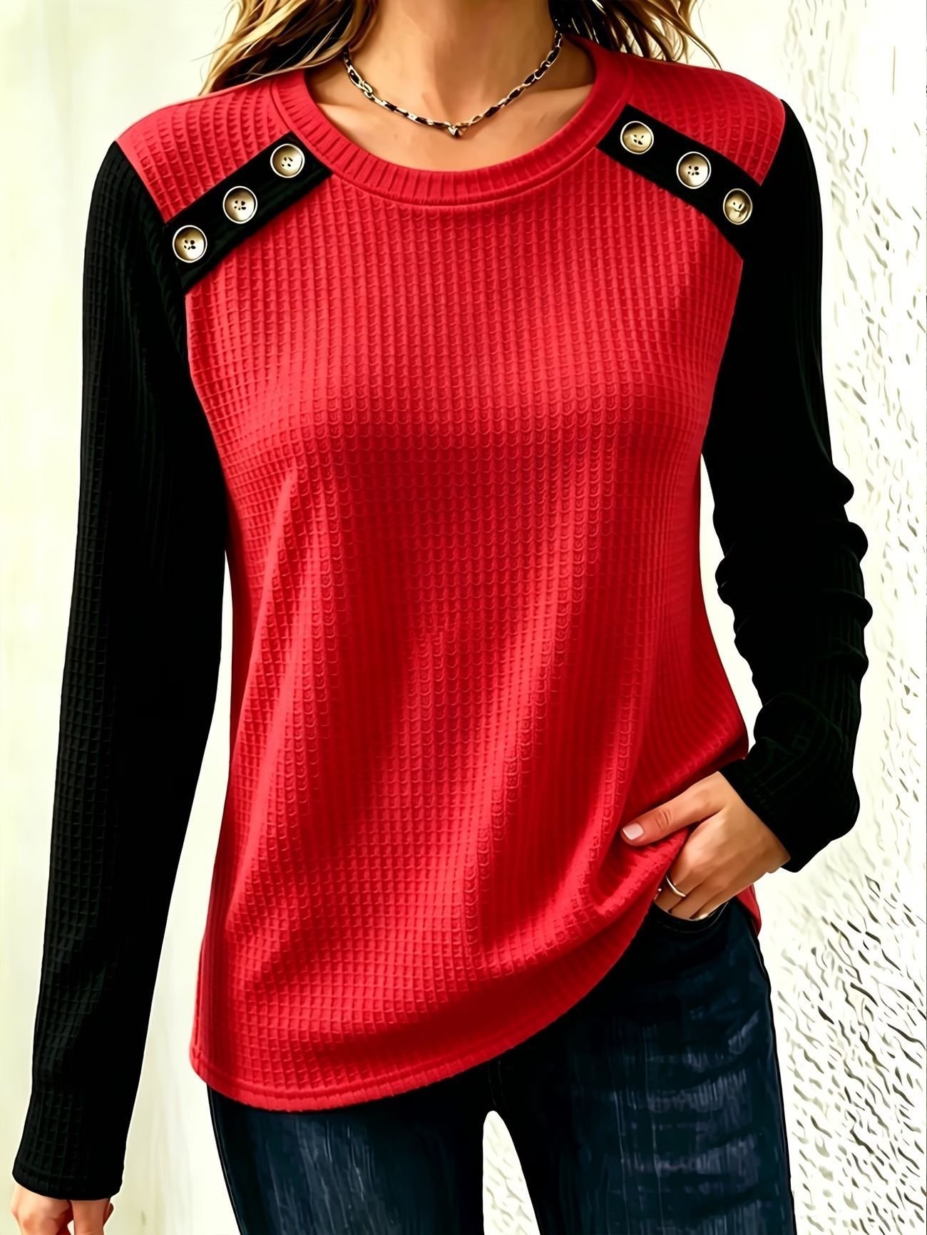 FallWinter Crew-neck Patchwork Waffle-knit Long-sleeve Top - Image 7